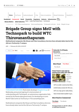 Brigade Group Signs Mou with Technopark to Build WTC