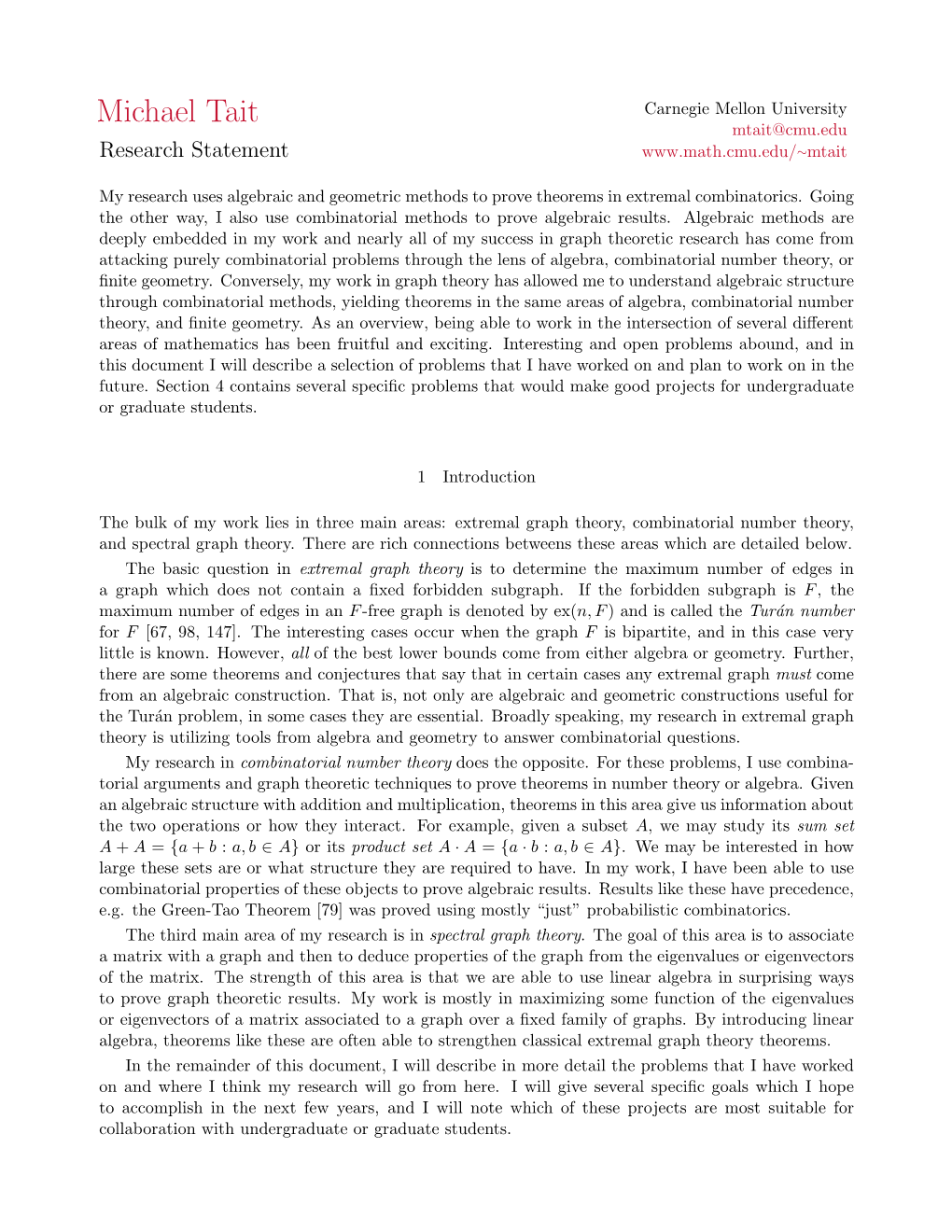 Michael Tait: Research Statement