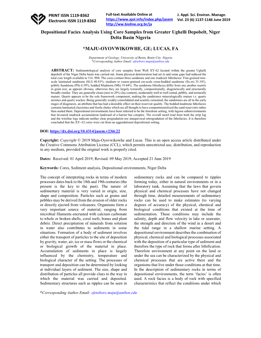 Depositional Facies Analysis Using Core Samples from Greater Ughelli Depobelt, Niger Delta Basin Nigeria *MAJU-OYOVWIKOWHE