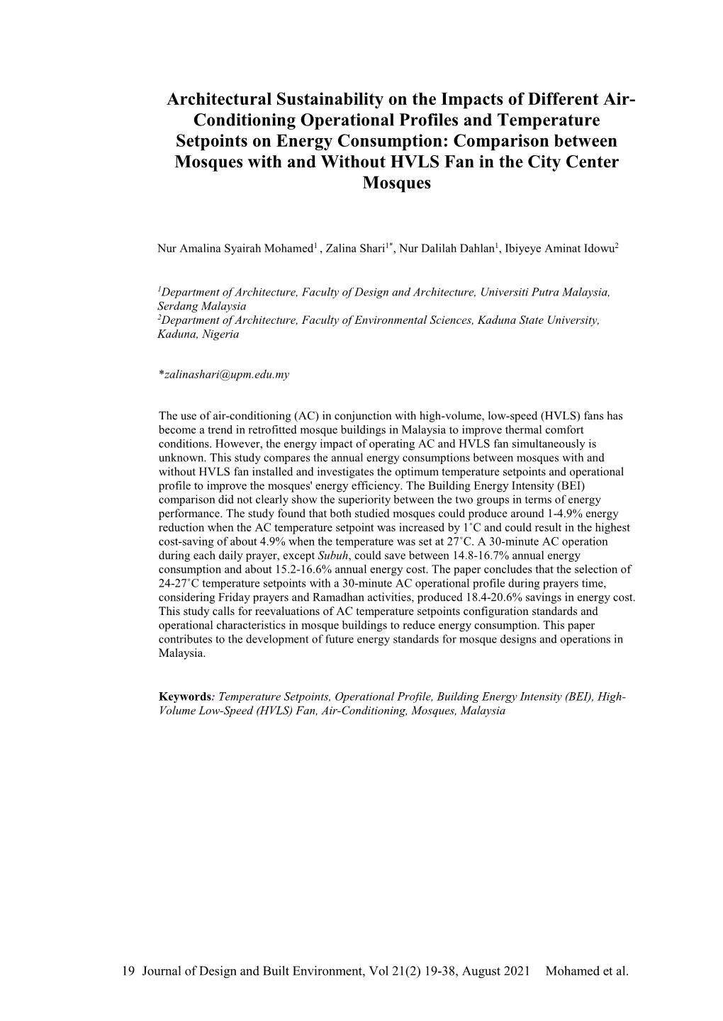 Architectural Sustainability on the Impacts of Different Air- Conditioning Operational Profiles and Temperature Setpoints On