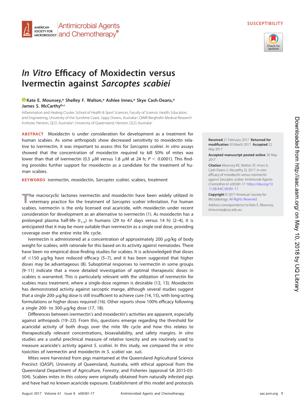 In Vitro Efficacy of Moxidectin Versus Ivermectin Against Sarcoptes Scabiei