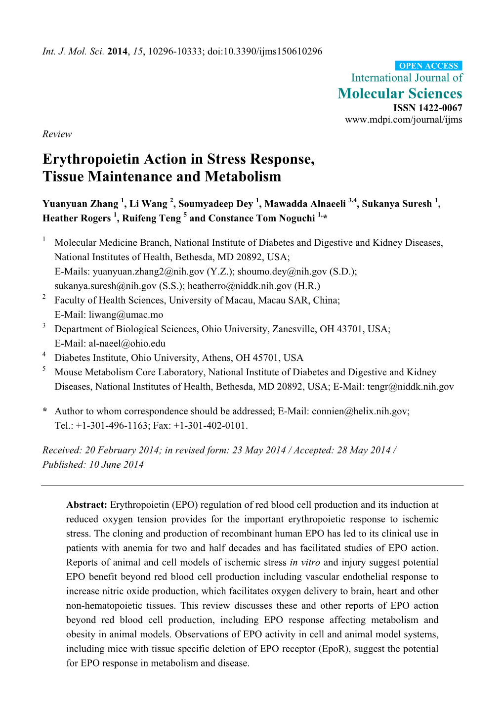 Erythropoietin Action in Stress Response, Tissue Maintenance and Metabolism