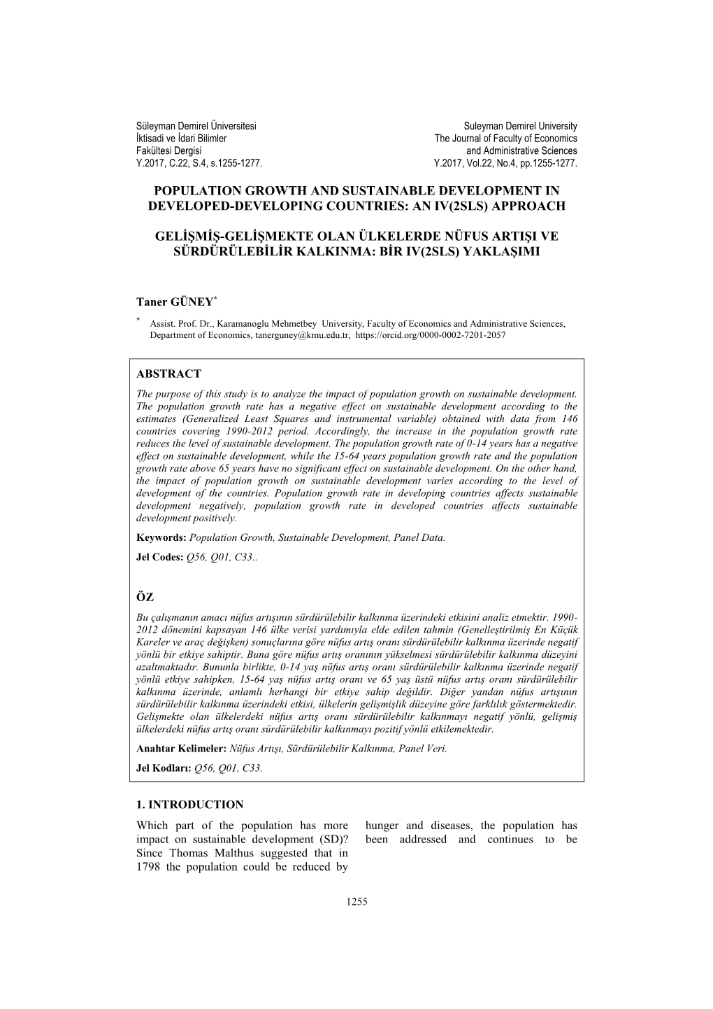 Population Growth and Sustainable Development in Developed-Developing Countries: an Iv(2Sls) Approach