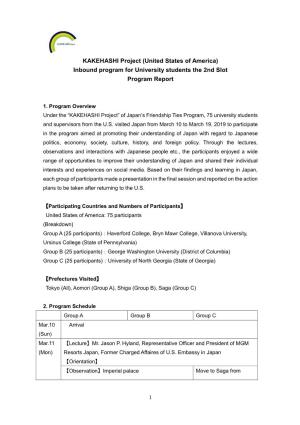 KAKEHASHI Project (United States of America) Inbound Program for University Students the 2Nd Slot Program Report
