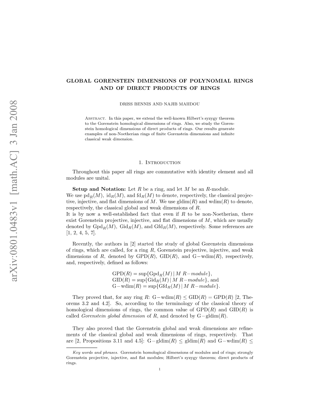 Arxiv:0801.0483V1 [Math.AC] 3 Jan 2008 N,Rsetvl,Dﬁe Sfollows: As Deﬁned Respectively, And, Oue R Unital