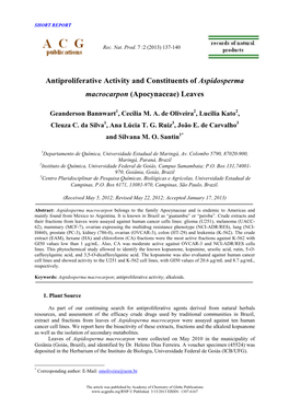 Antiproliferative Activity and Constituents of Aspidosperma Macrocarpon (Apocynaceae) Leaves