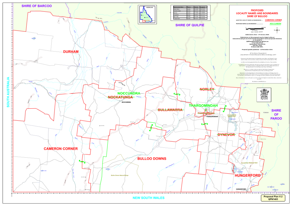 Proposed Locality Names and Boundaries for the Shire of Bulloo