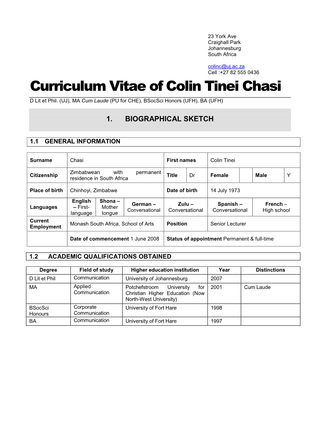 Curriculum Vitae of Colin Tinei Chasi D Lit Et Phil
