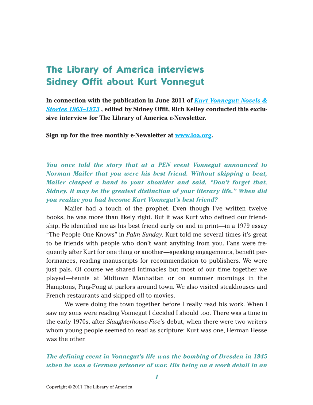 The Library of America Interviews Sidney Offit About Kurt Vonnegut