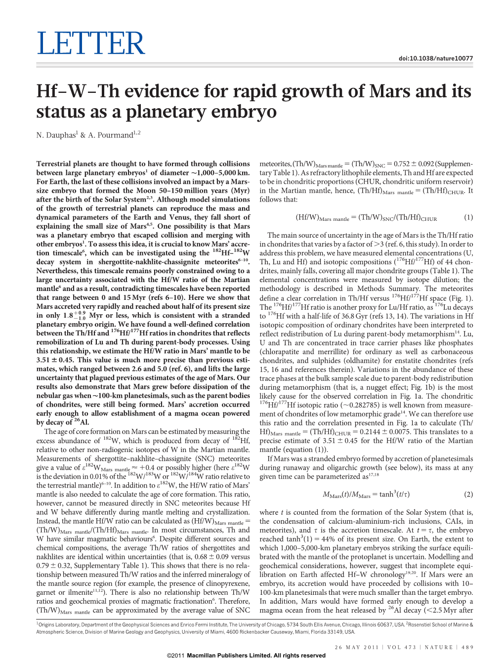 Hf-W-Th Evidence for Rapid Growth of Mars and Its Status As a Planetary