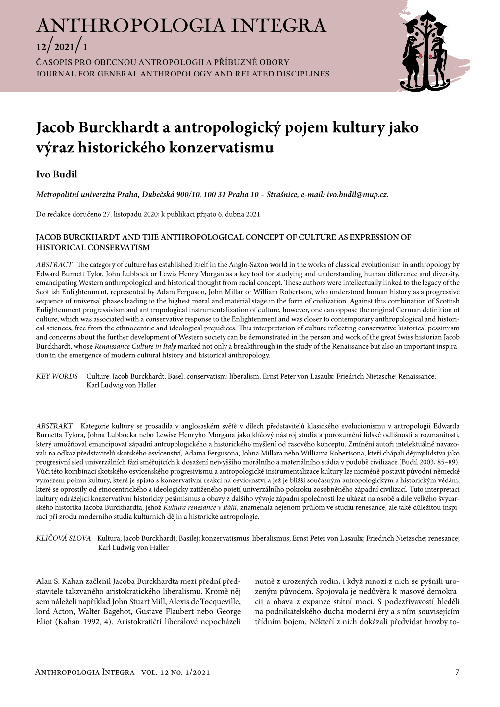 Anthropologia Integra 12/2021/1 Časopis Pro Obecnou Antropologii a Příbuzné Obory Journal for General Anthropology and Related Disciplines