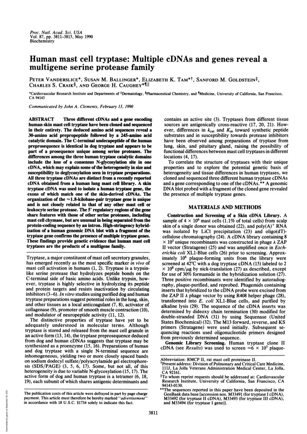 Human Mast Cell Tryptase: Multiple Cdnas and Genes Reveal a Multigene Serine Protease Family PETER VANDERSLICE*, SUSAN M