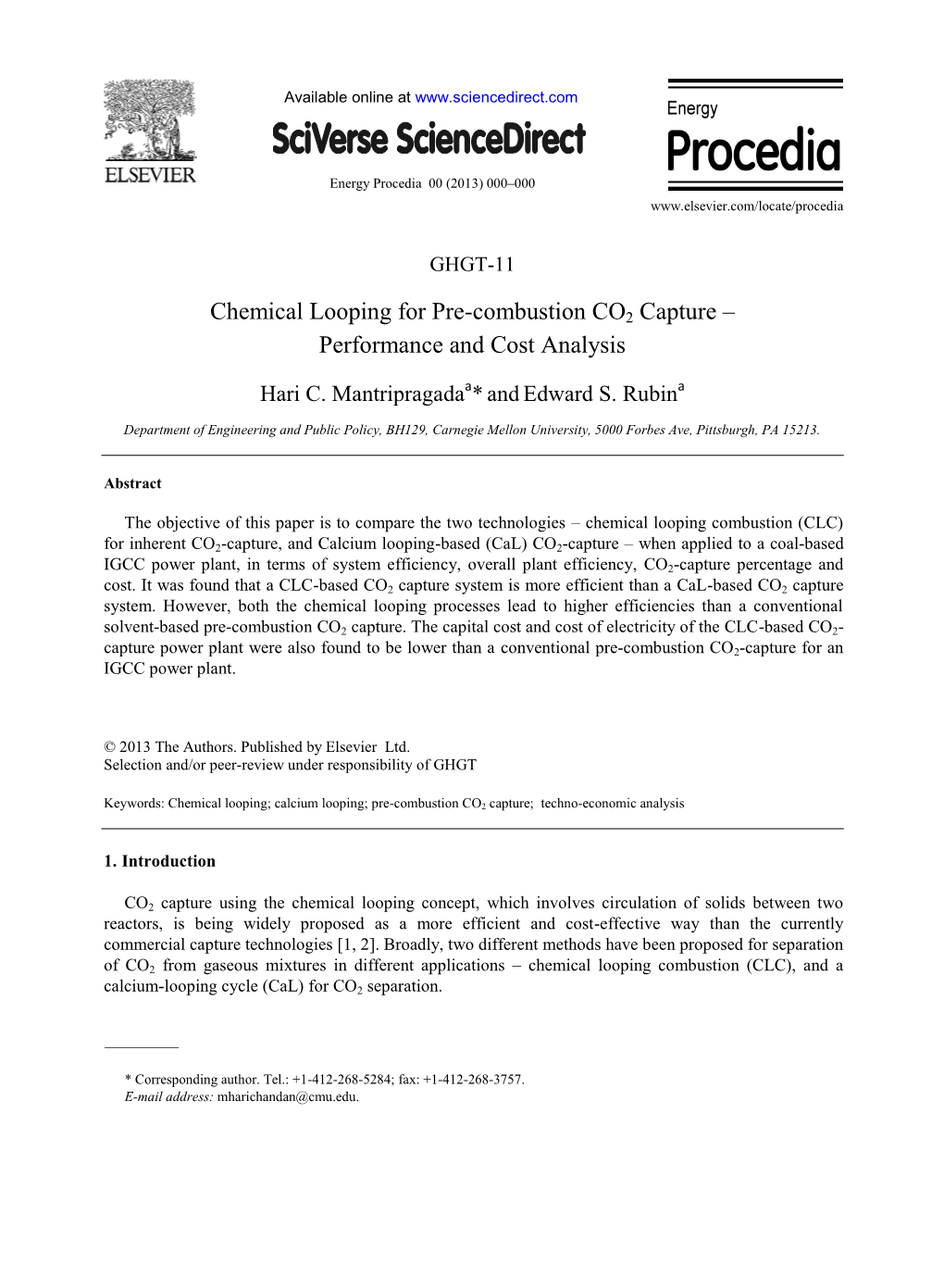 Chemical Looping for Pre-Combustion CO2 Capture – Performance and Cost Analysis