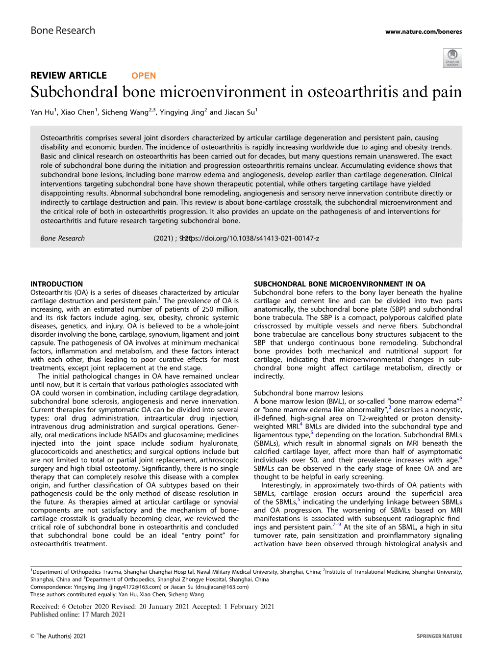 Subchondral Bone Microenvironment in Osteoarthritis and Pain