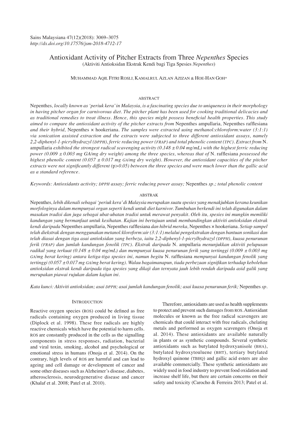 Antioxidant Activity of Pitcher Extracts from Three Nepenthes Species (Aktiviti Antioksidan Ekstrak Kendi Bagi Tiga Spesies Nepenthes)