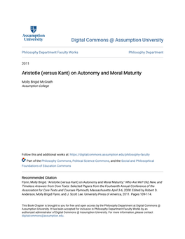 Aristotle (Versus Kant) on Autonomy and Moral Maturity