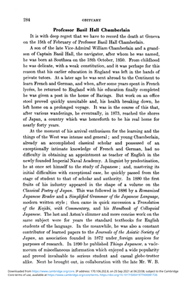 Professor Basil Hall Chamberlain It Is with Deep Regret That We Have to Record the Death at Geneva on the 15Th of February of Professor Basil Hall Chamberlain