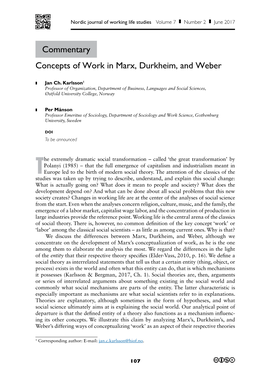 Commentary Concepts of Work in Marx, Durkheim, and Weber
