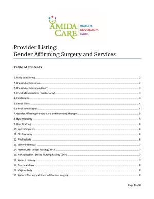 Provider Listing: Gender Affirming Surgery and Services