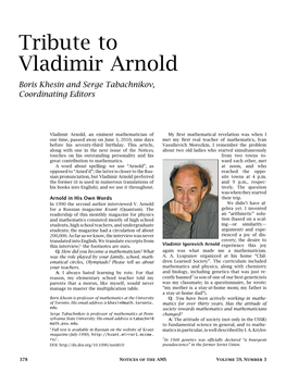 Tribute to Vladimir Arnold Boris Khesin and Serge Tabachnikov, Coordinating Editors