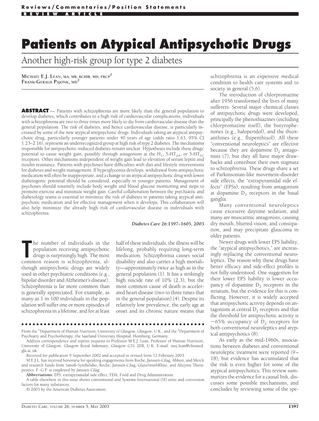 Patients on Atypical Antipsychotic Drugs Another High-Risk Group for Type 2 Diabetes