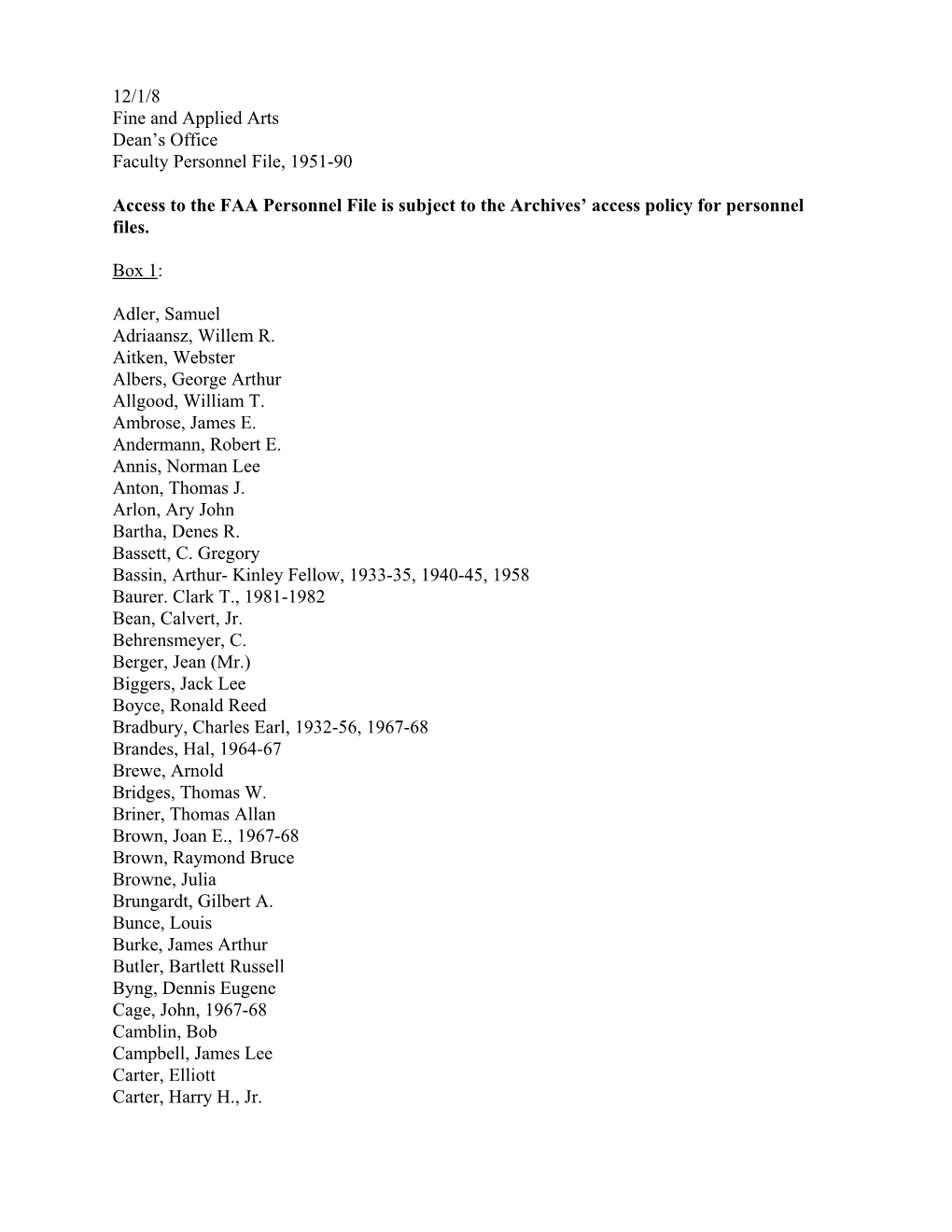 12/1/8 Fine and Applied Arts Dean's Office Faculty Personnel File, 1951