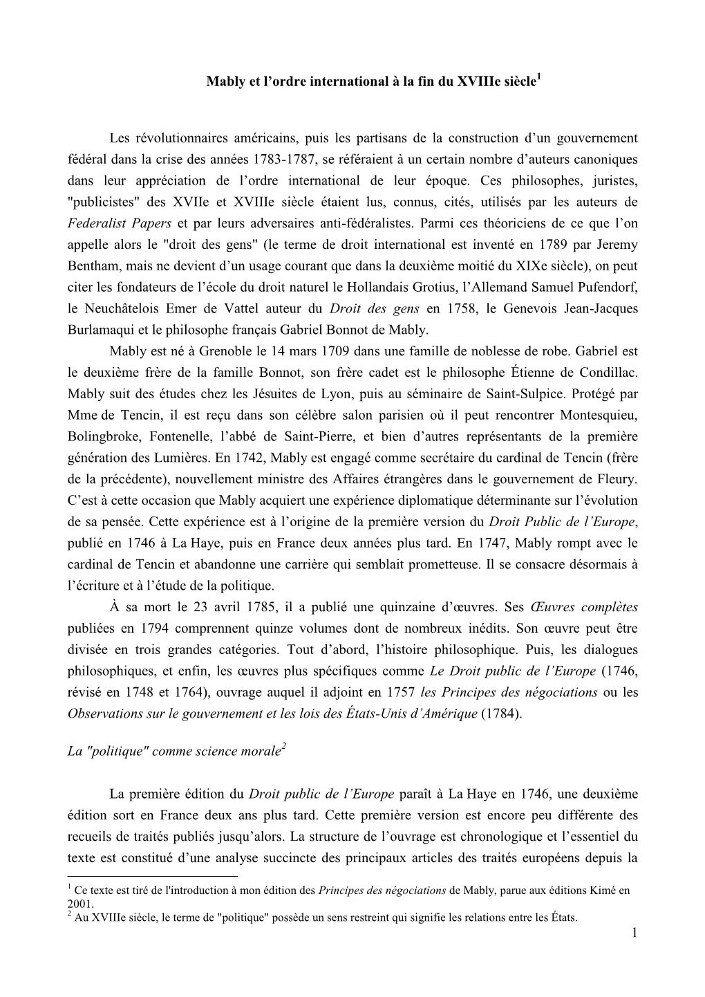 1 Mably Et L'ordre International À La Fin Du Xviiie Siècle1 Les Révolutionnaires Américains, Puis Les Partisans De La Cons