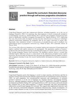 Beyond the Curriculum: Extended Discourse Practice Through Self-Access Pragmatics Simulations Tetyana Sydorenko, Portland State University Zachary W