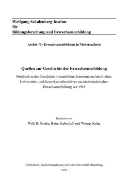 Wolfgang Schulenberg-Institut Für Bildungsforschung Und Erwachsenenbildung Quellen Zur Geschichte Der Erwachsenenbildung
