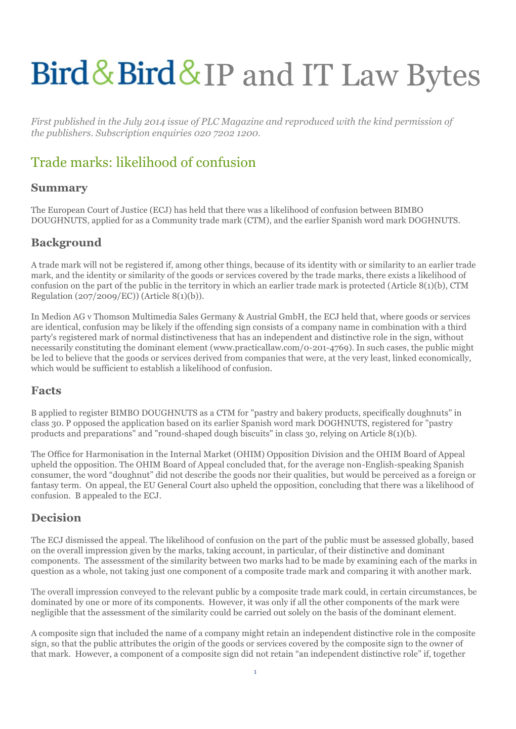 PLC Magazine's IP and IT Law Bytes for July 2014