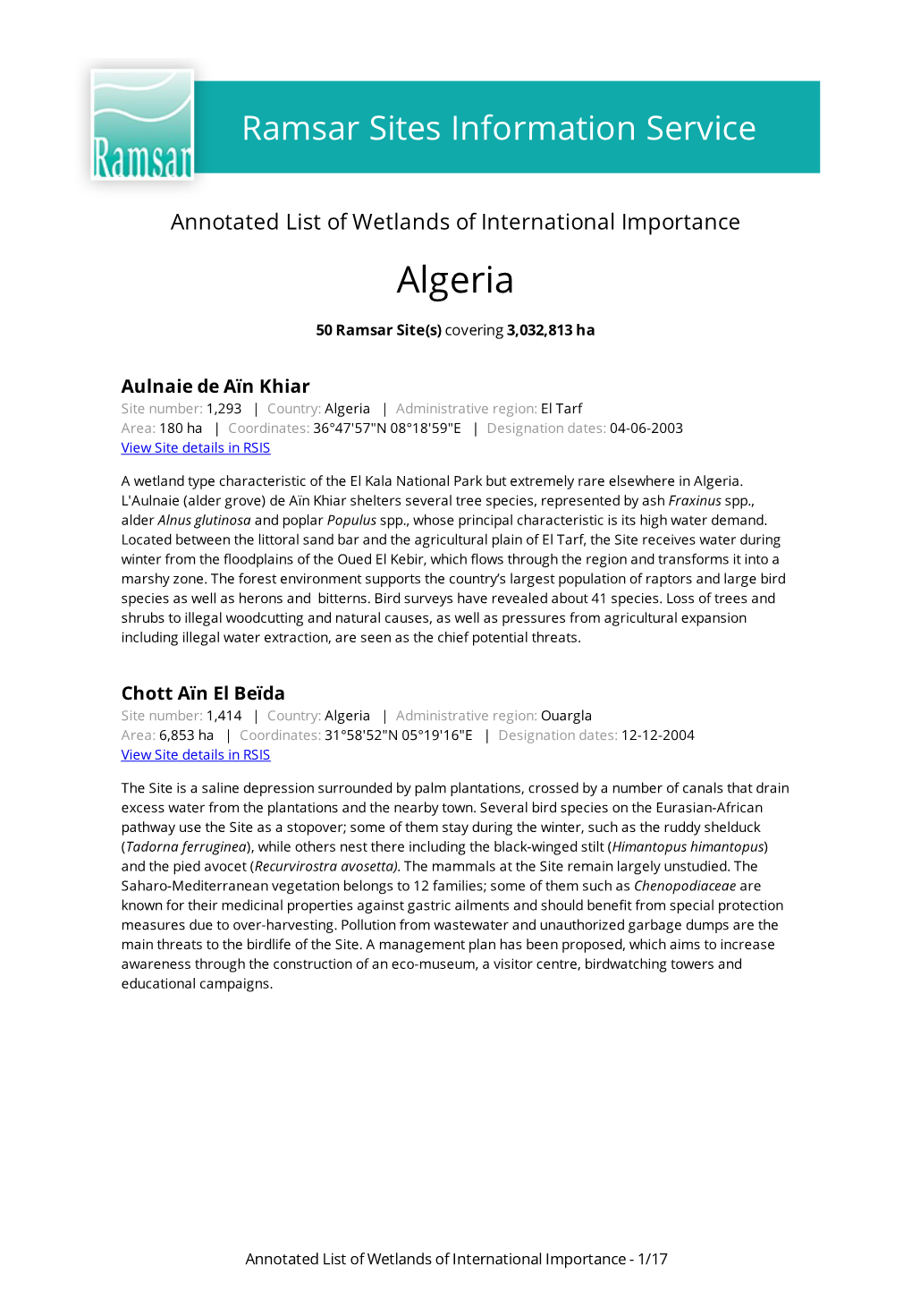 Annotated List of Wetlands of International Importance Algeria