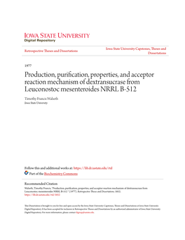Production, Purification, Properties, and Acceptor Reaction Mechanism of Dextransucrase from Leuconostoc Mesenteroides NRRL B-51