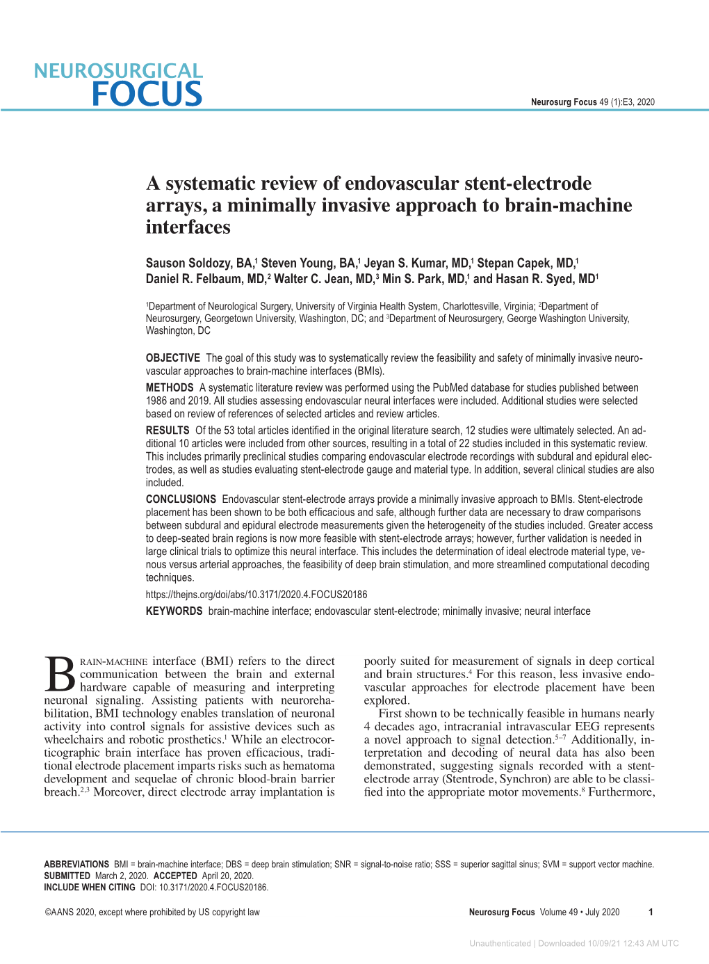 A Systematic Review of Endovascular Stent-Electrode Arrays, a Minimally Invasive Approach to Brain-Machine Interfaces