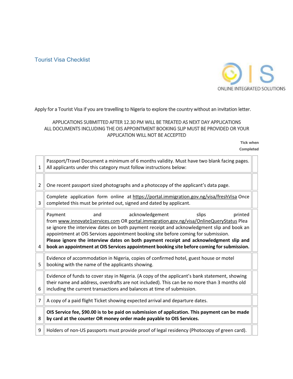 Tourist Visa Checklist