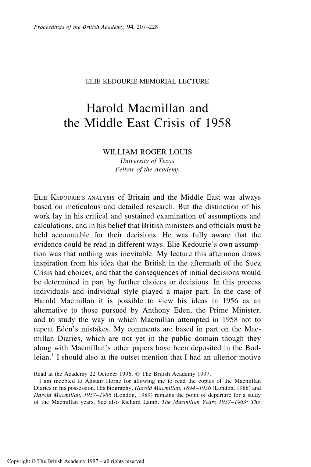 Harold Macmillan and the Middle East Crisis of 1958