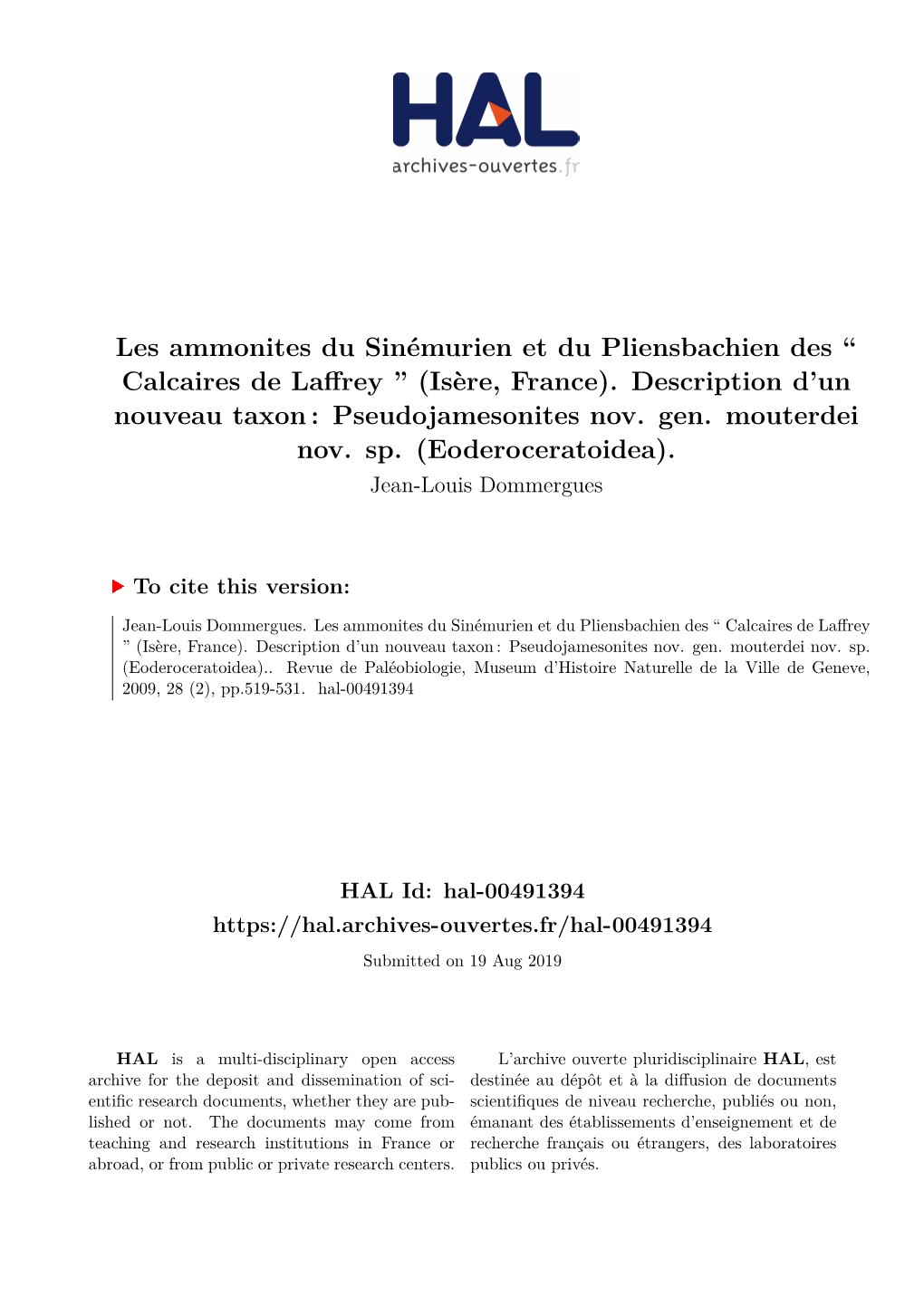 Les Ammonites Du Sinémurien Et Du Pliensbachien Des `` Calcaires De