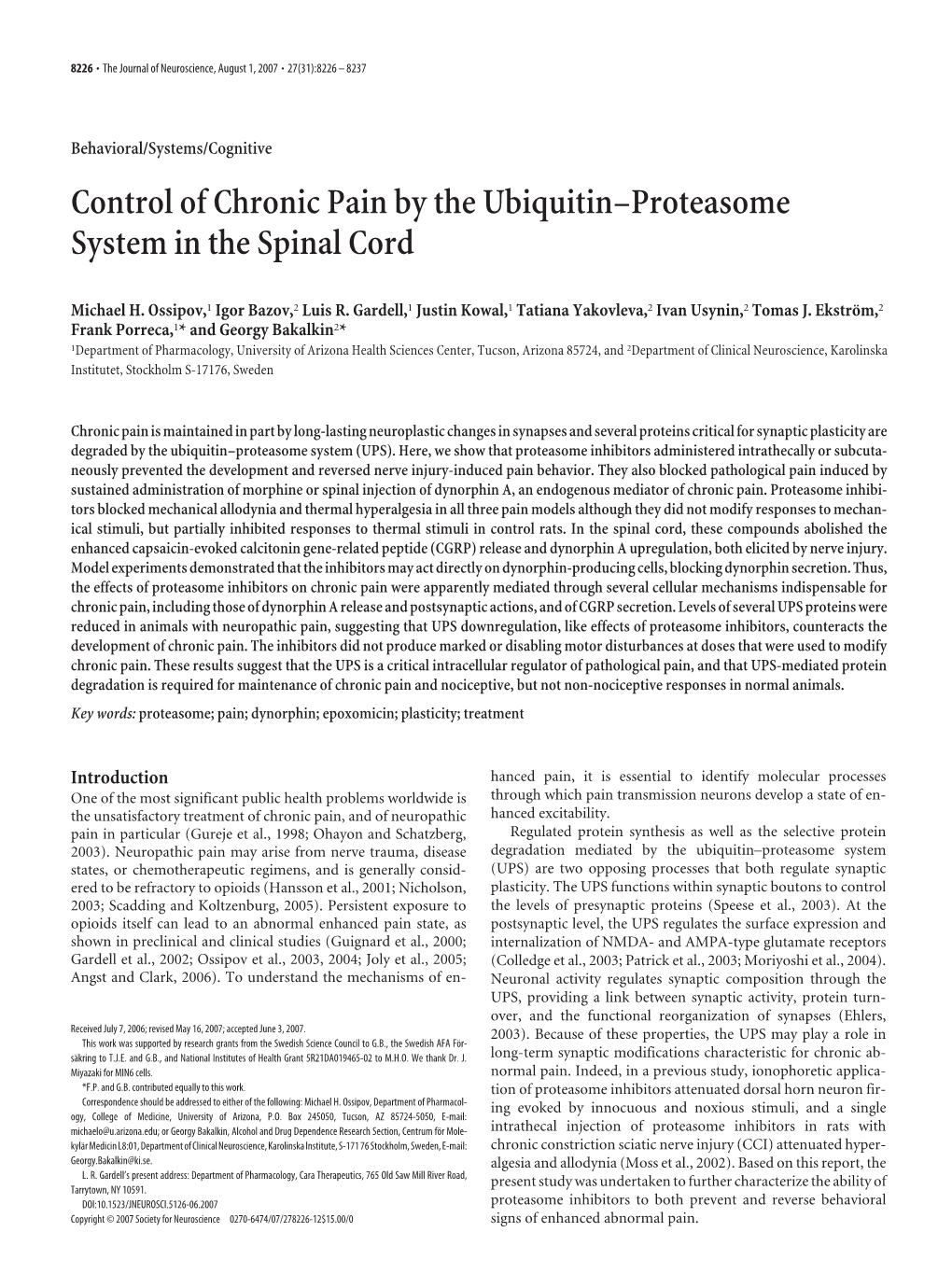 Control of Chronic Pain by the Ubiquitin–Proteasome System in the Spinal Cord