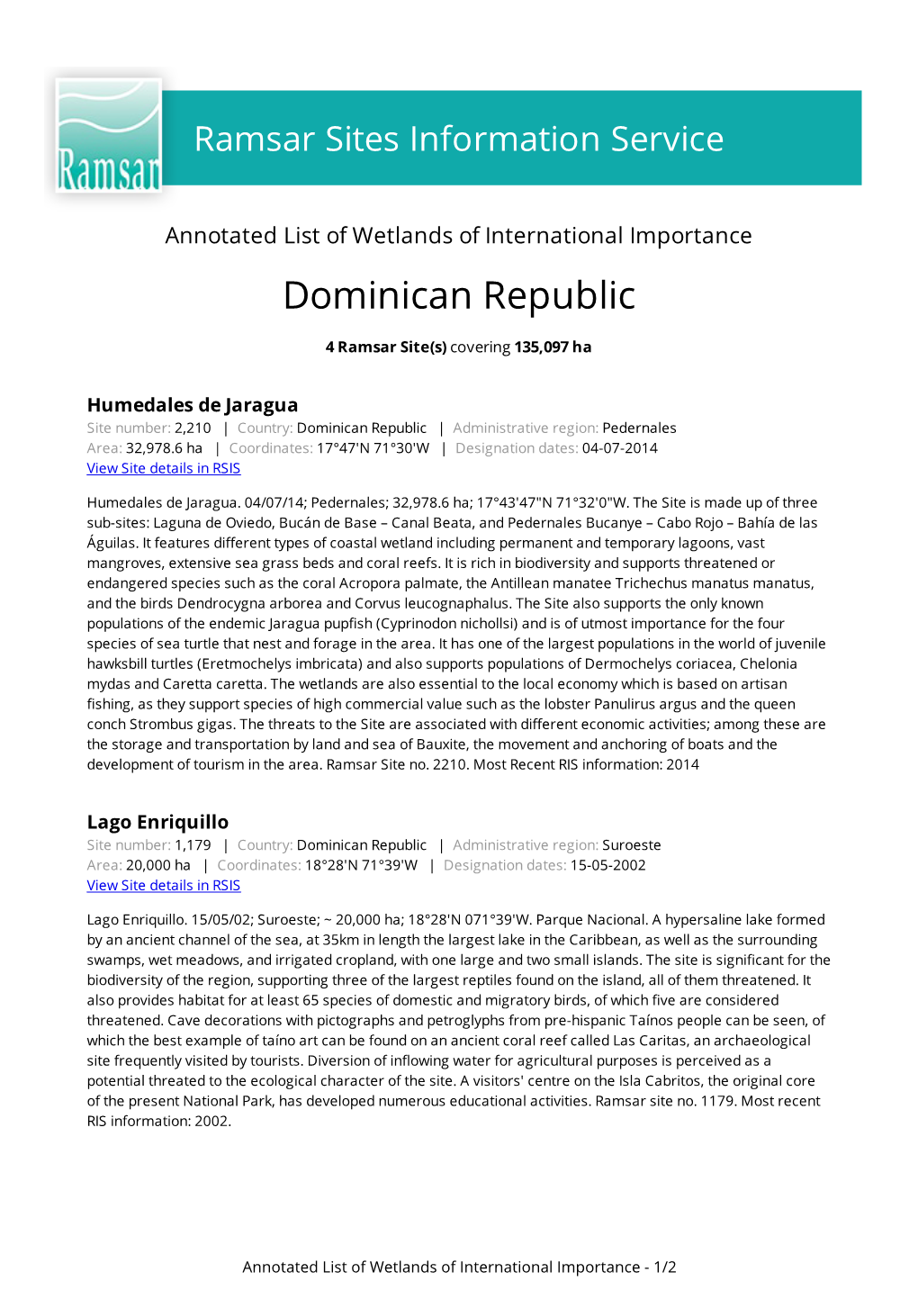 Annotated List of Wetlands of International Importance Dominican Republic