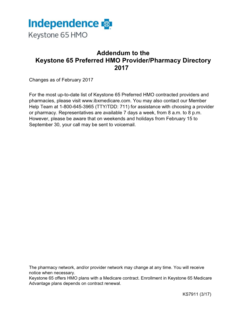 Addendum to the Keystone 65 Preferred HMO Provider/Pharmacy Directory 2017