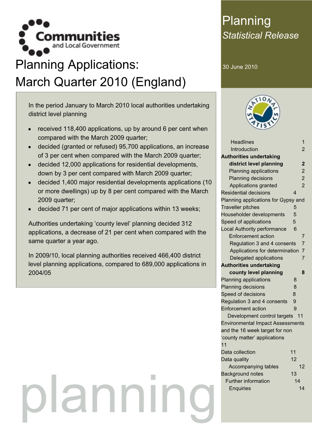 Planning Applications: March Quarter 2010 (England)