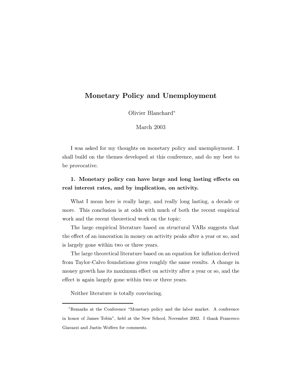 Monetary Policy and Unemployment