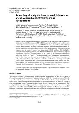 Screening of Acetylcholinesterase Inhibitors in Snake Venom by Electrospray Mass Spectrometry*