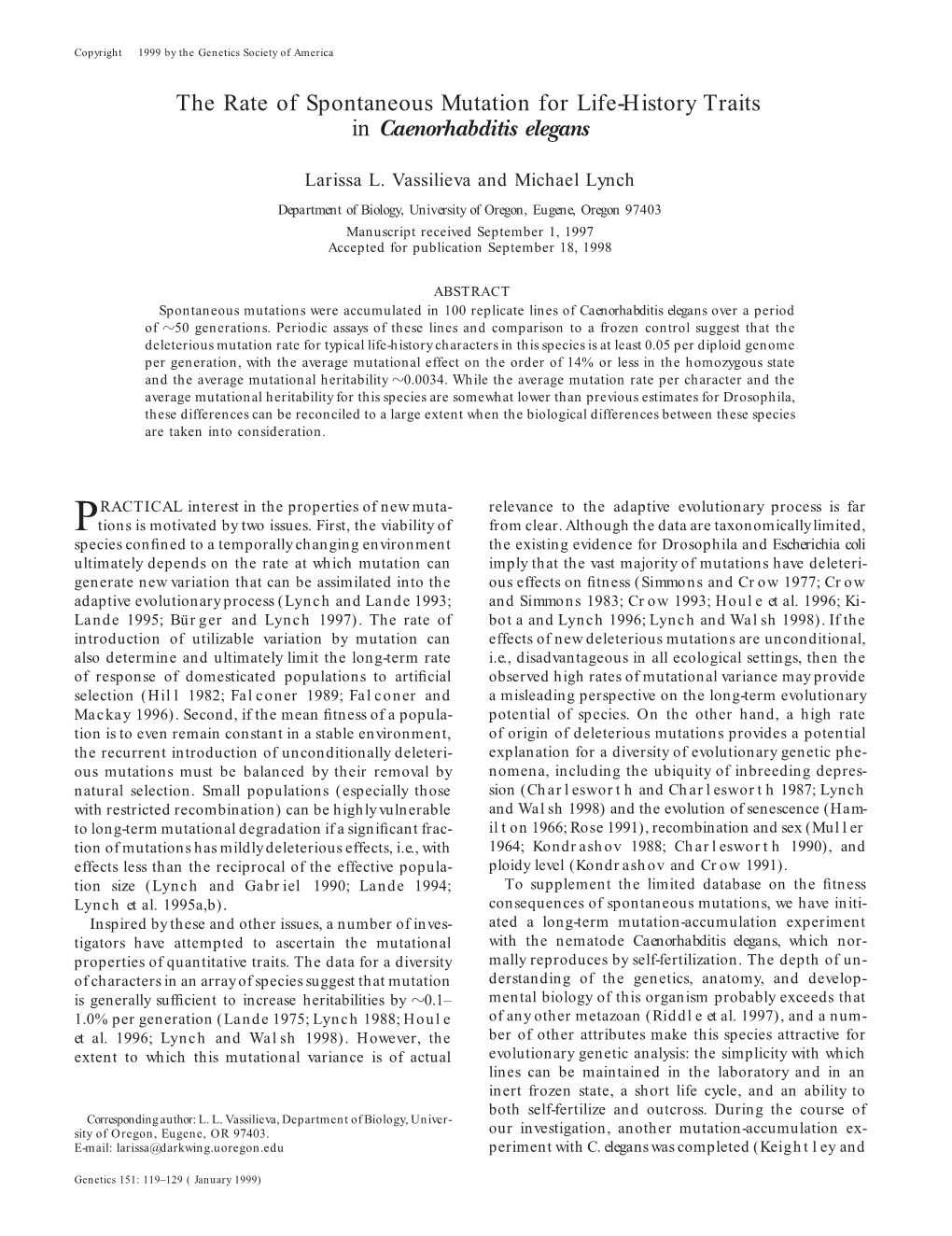 The Rate of Spontaneous Mutation for Life-History Traits in Caenorhabditis Elegans