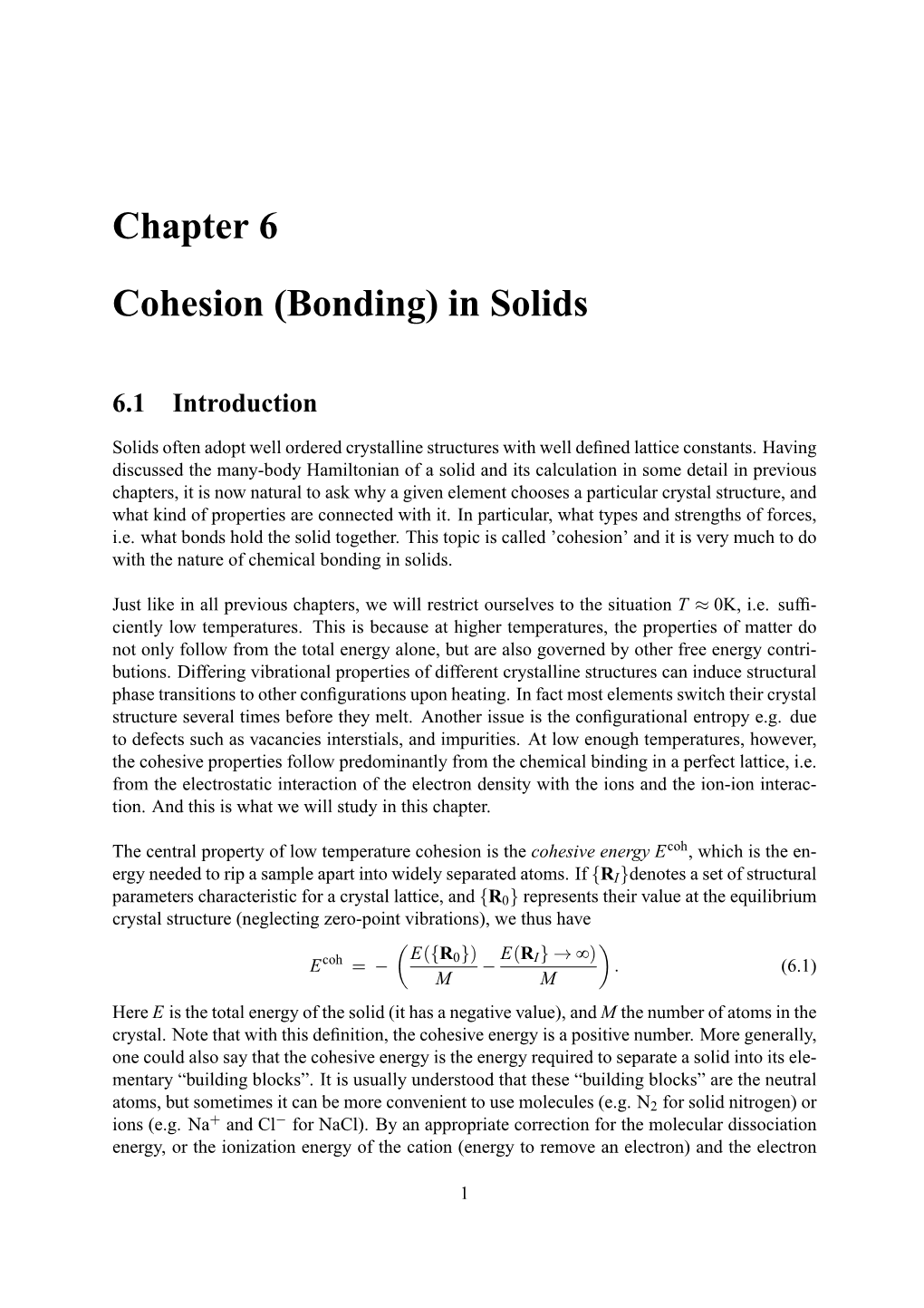 Chapter 6 Cohesion (Bonding) in Solids