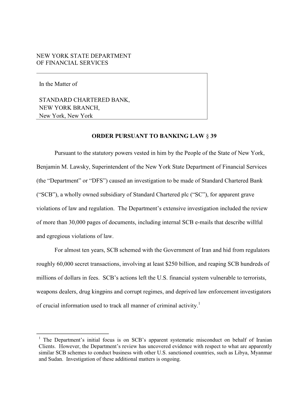 Consent Order to Standard Chartered Bank, New York Branch