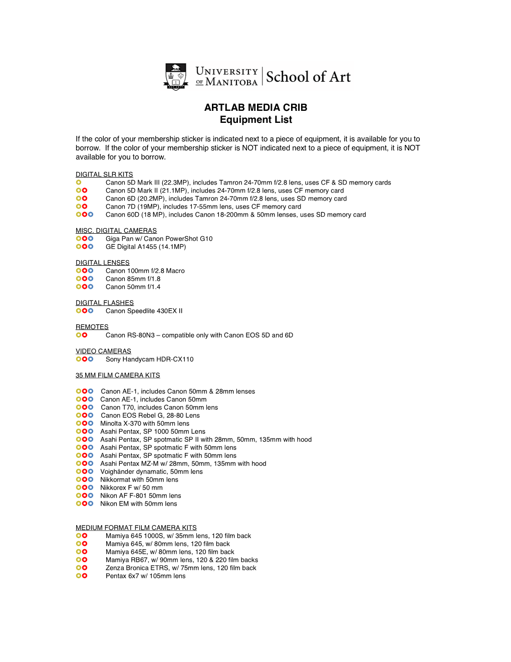 ARTLAB MEDIA CRIB Equipment List