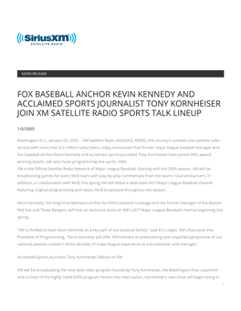 Fox Baseball Anchor Kevin Kennedy and Acclaimed Sports Journalist Tony Kornheiser Join Xm Satellite Radio Sports Talk Lineup