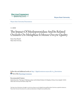 The Impact of Myeloperoxidase and Its Related Oxidants on Metaphase Ii Mouse Oocyte Quality