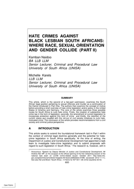 Hate Crimes Against Black Lesbian South Africans: Where Race, Sexual Orientation and Gender Collide (Part Ii)