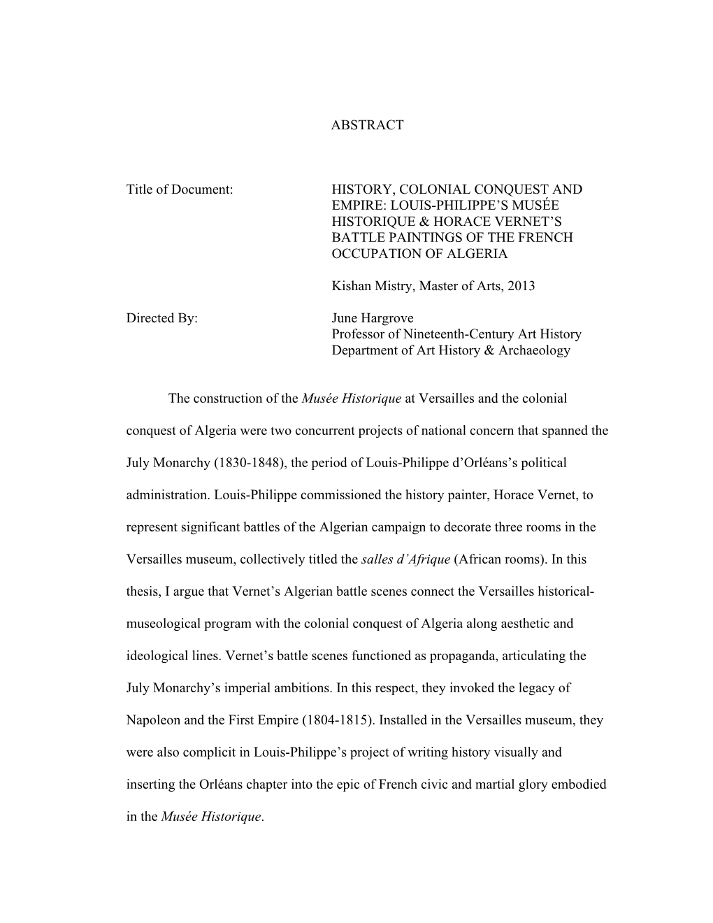 History, Colonial Conquest and Empire: Louis-Philippe’S Musée Historique & Horace Vernet’S Battle Paintings of the French Occupation of Algeria